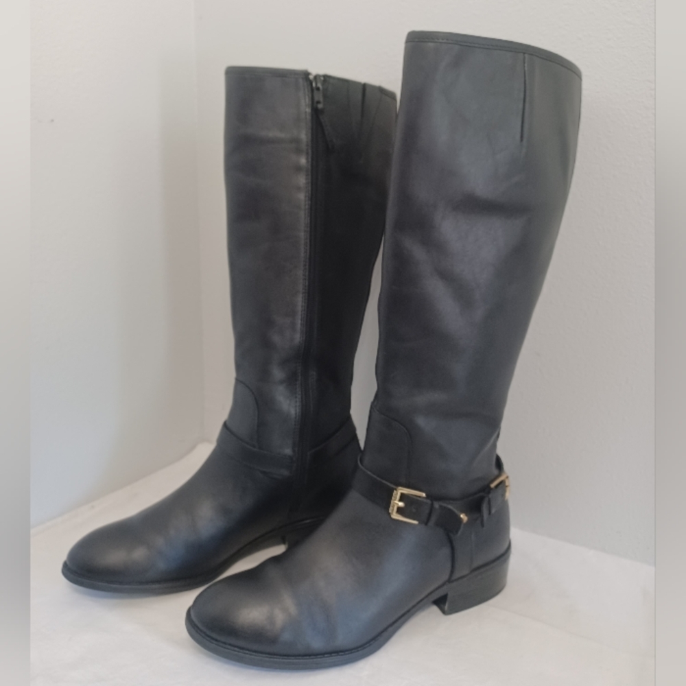 Lauren Ralph Marion tall boots black leather side zipper harness buckle riding 8